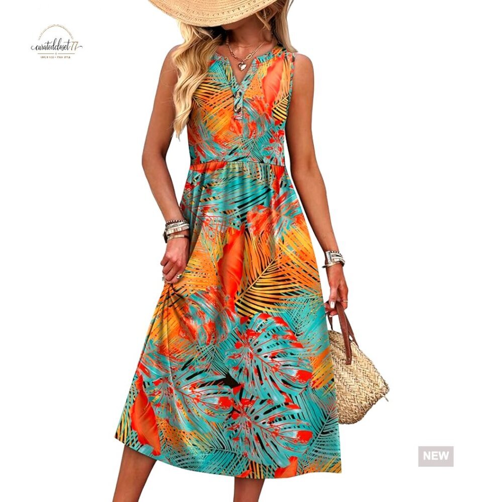 Sleeveless Maxi Dress with Pockets, V-Neck, Loose Fit, Vacation Ready